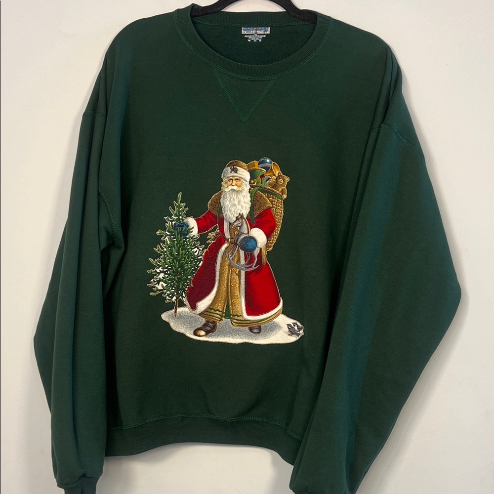 Vintage 90's Women's Green Santa Stitched Christmas Holiday Crewneck Sweatshirt